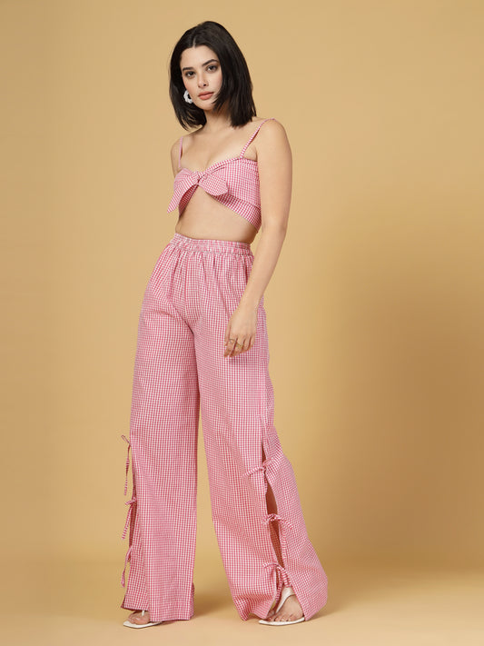 Gingham wide leg tie up pants