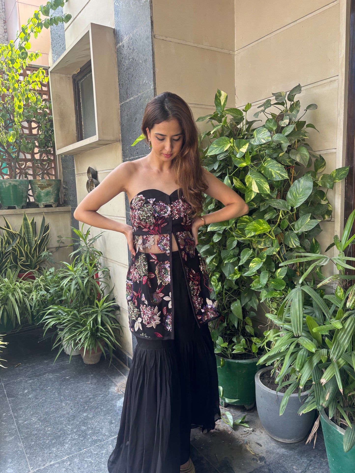 Black gharara with embroidered blouse